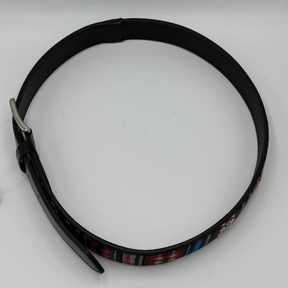 NWT Black Leather Multicolor Cotton Fabric Inlay Silvertone Metal Buckle Belt M - Picture 11 of 12
